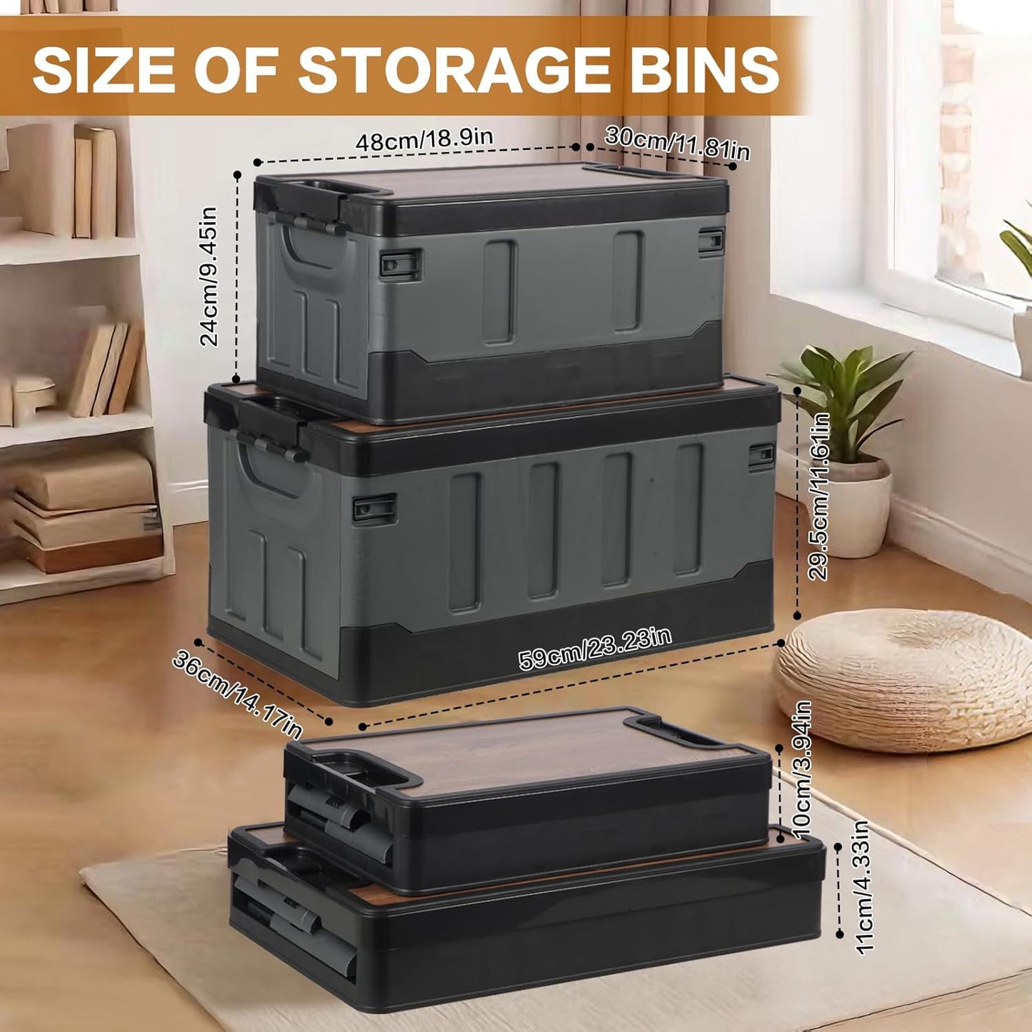 Collapsible Storage Bins with Lids, Portable Foldable Box with 2 Side Doors, Organizing Stackable Storage Cases Large Heavy Duty Utility Crates for Camp Fishing Car RV (Medium-35L)