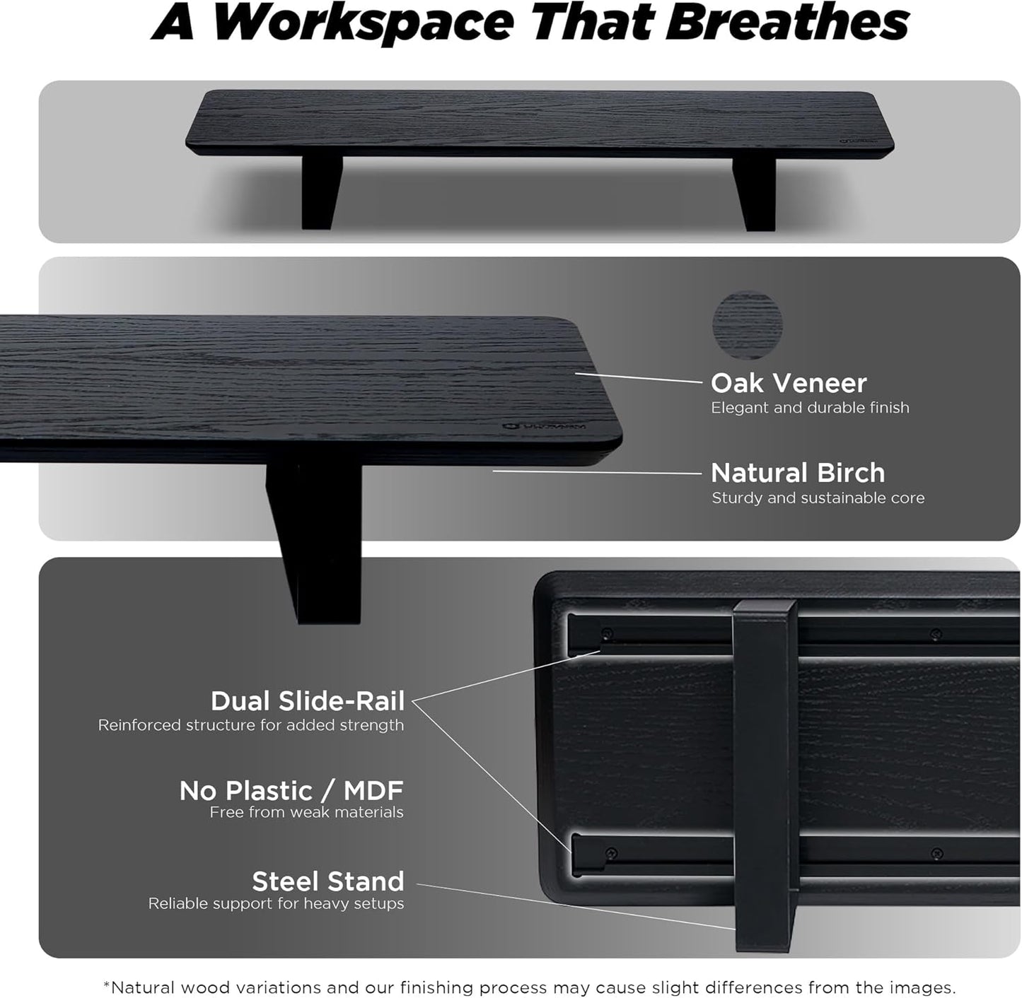 Moodular Wooden Monitor Stand 33.4” (85cm) Desk Organizer with Metal Slide Rails for Drawer, Tray, Laptop, Tablet, Phone & Headphones Customizable Riser for Organized Workspace Black MS85-B