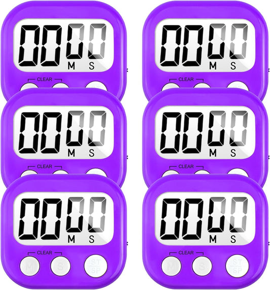 6 Pack Digital Kitchen Timer for Cooking Big Digits Loud Alarm Magnetic Backing Stand Cooking Timers for Baking Purple