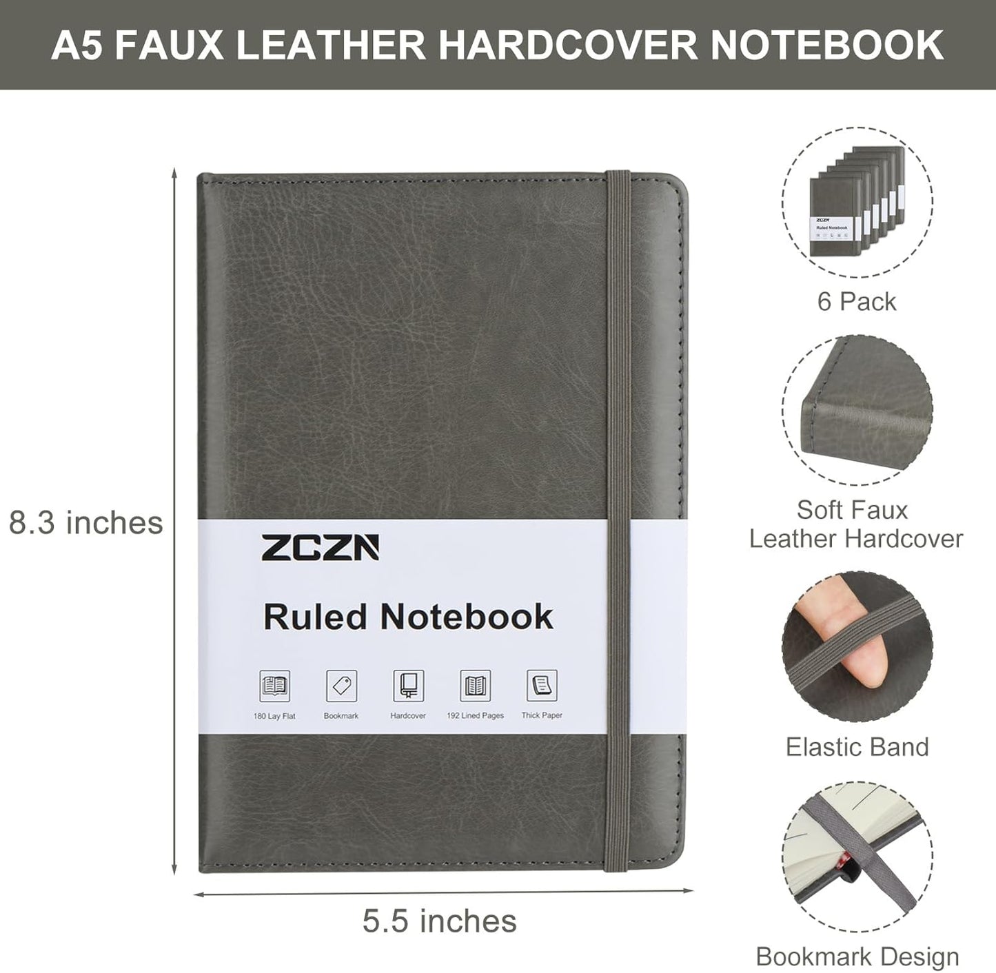 ZCZN 6 Pack Lined Journal Notebooks, 192 Pages A5 Hardcover Leather Journals for Work,Writing,School & Travel, College Ruled Journaling Notebooks for Notes Taking,Diary Notepad (Light Green*6)