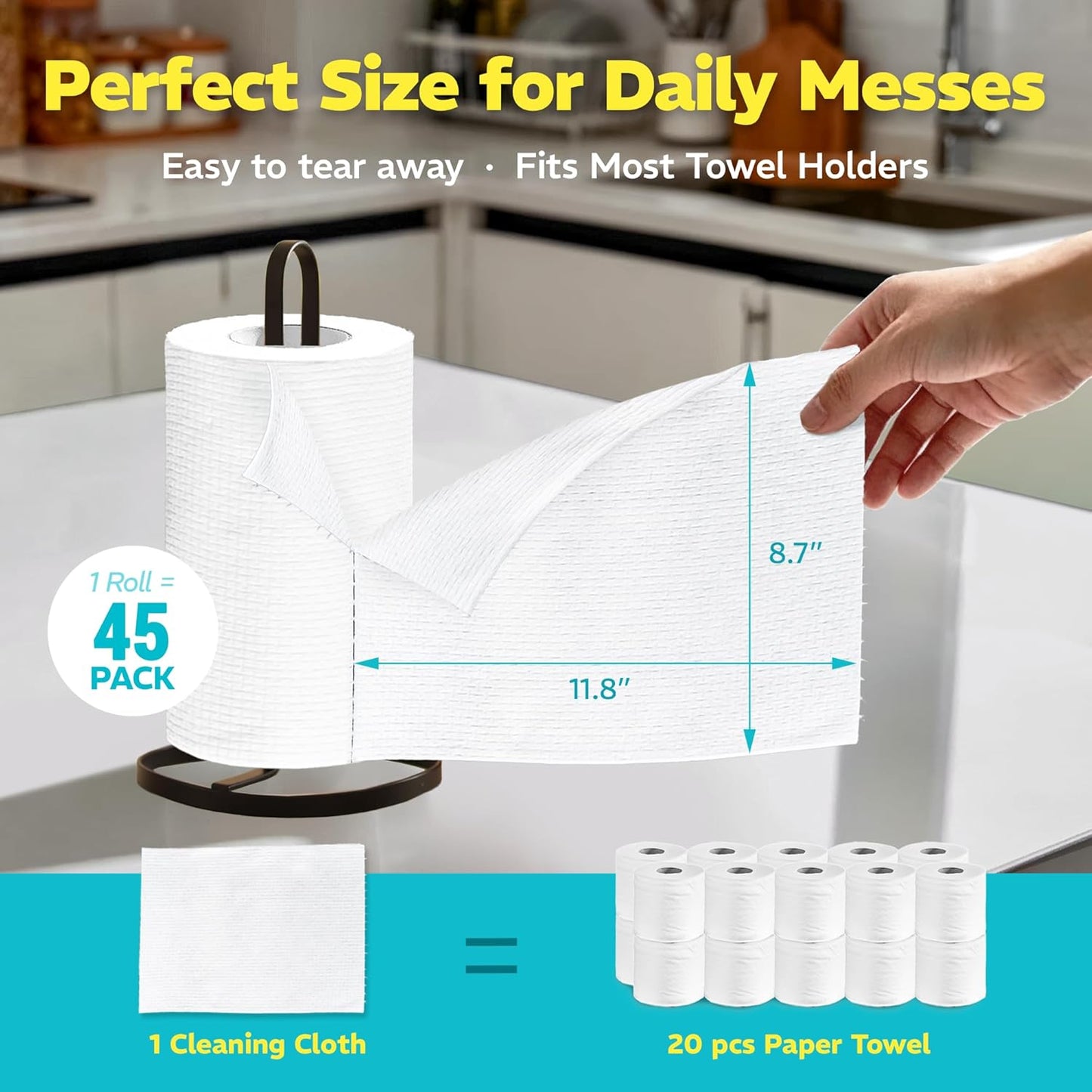 Plant-Based Reusable Cleaning Cloth Rolls, Household Hand Wipes, Ultra Absorbent, Scratch Free, Lint Free, Washable Paper Towels for Home, 45 Sheets per Roll, 2-Roll Pack, 8.6 X 11.8 Inches