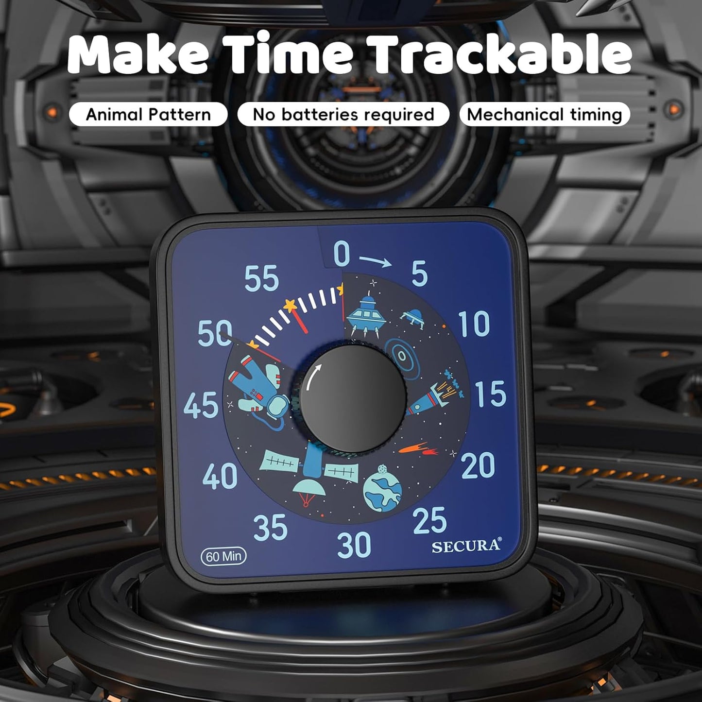 Secura 7.5-Inch Astronaut Pattern Visual Timer for Kids, 60-Minute Countdown Timer for Classroom or Kitchen, Durable Mechanical Timer Clock with Magnetic Backing (Black)