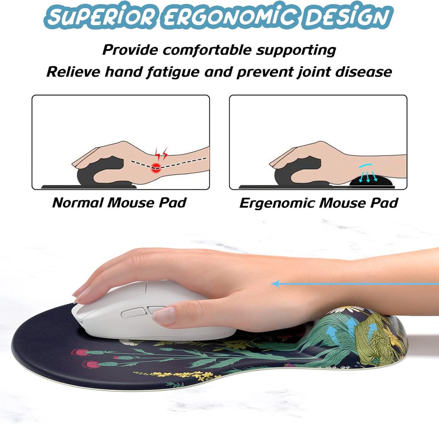 Hsurbtra Ergonomic Mouse Pad with Wrist Rest Support, Gel Mouse Pads with Non-Slip PU Base, Pain Relief Memory Foam Computer Mat, Cute Office Supplies Desk Decro Accessories, Black Flower
