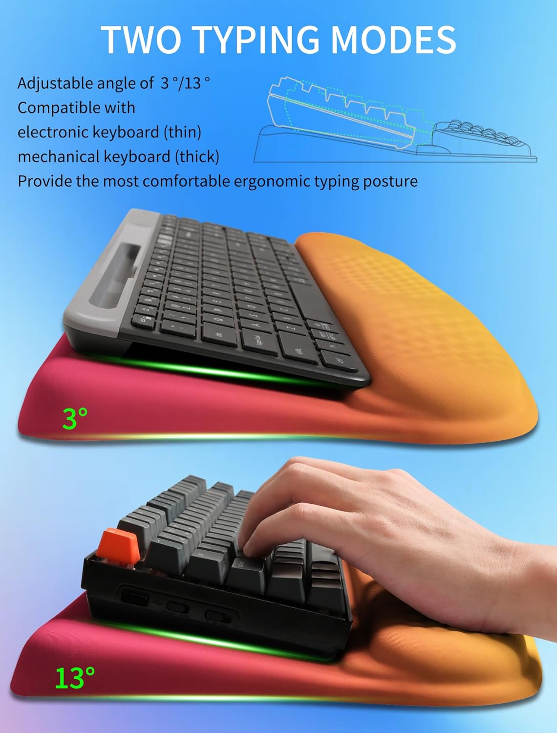 Ergonomic Wave Wrist Rest with Keyboard Stand, Cushioned Palm Rest, Comfortable Integrated Memory Foam for Natural Typing and Relieve Wrist Pain, Sunrise Morning Light