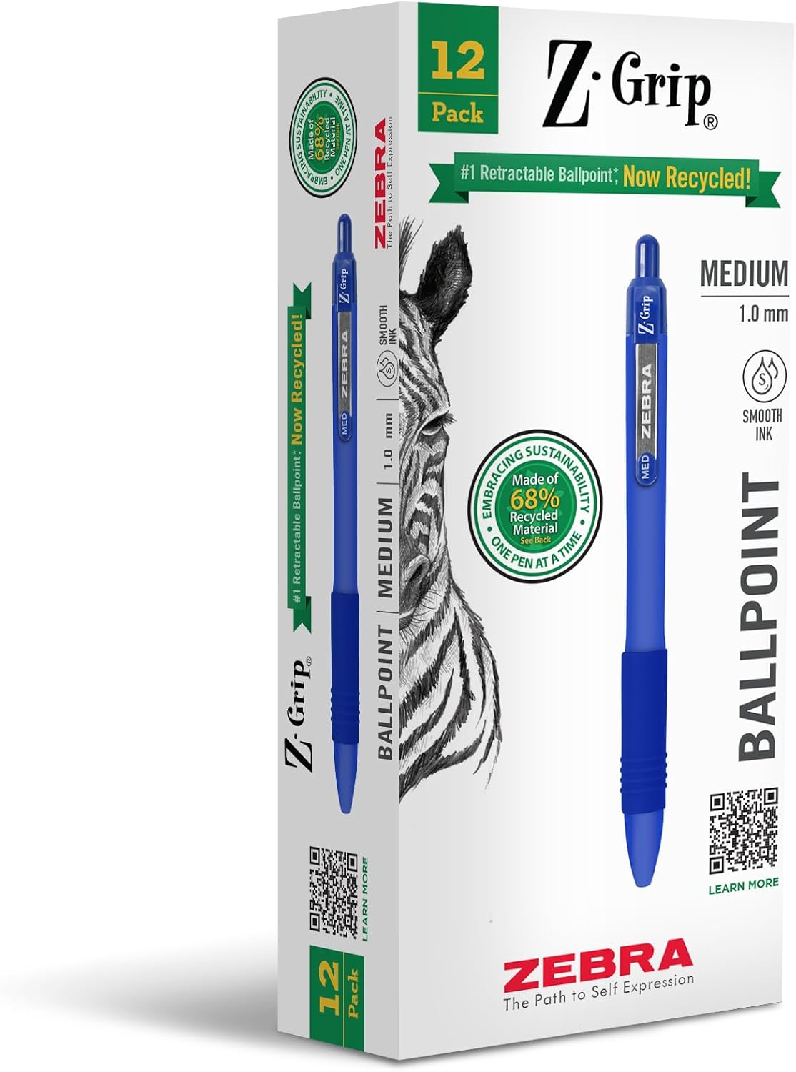 Zebra Pen Z-Grip Recycled Retractable Ballpoint Pens,1.0mm, Blue Ink, Durable Metal Clip, 68% Recycled (GRS Certified; Global Recycled Standards), 12-Pack (20620)