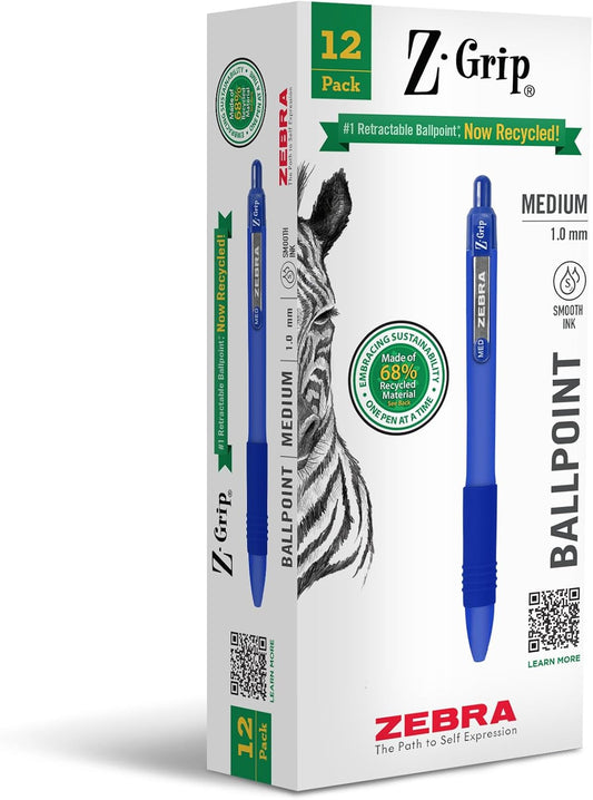 Zebra Pen Z-Grip Recycled Retractable Ballpoint Pens,1.0mm, Blue Ink, Durable Metal Clip, 68% Recycled (GRS Certified; Global Recycled Standards), 12-Pack (20620)