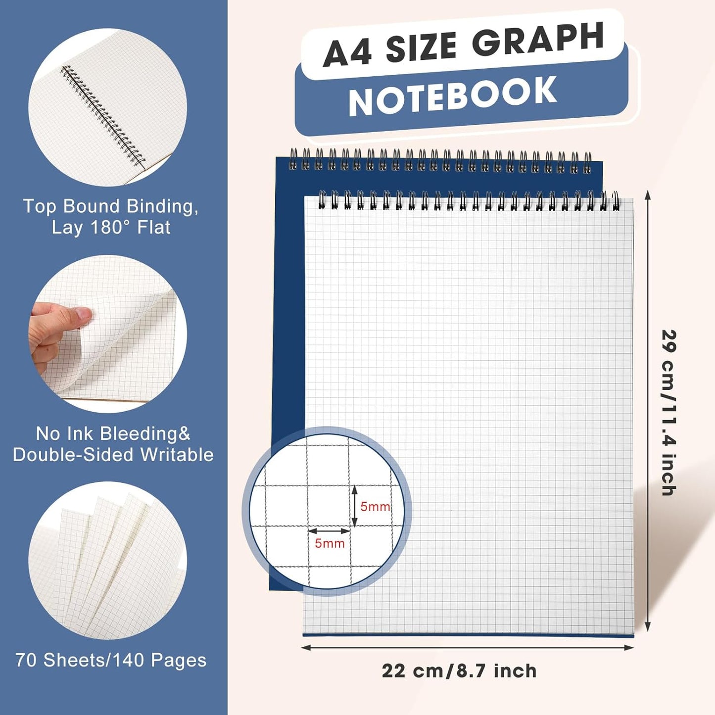 Top Spiral Graph Paper Notebooks 8.7 X11.4 Inch A4 Grid Paper Notepad 70 Sheet Memo Steno Pad for Engineering Writing Sketching Drawing School Office Supplies (Dark Blue,1 Pack)