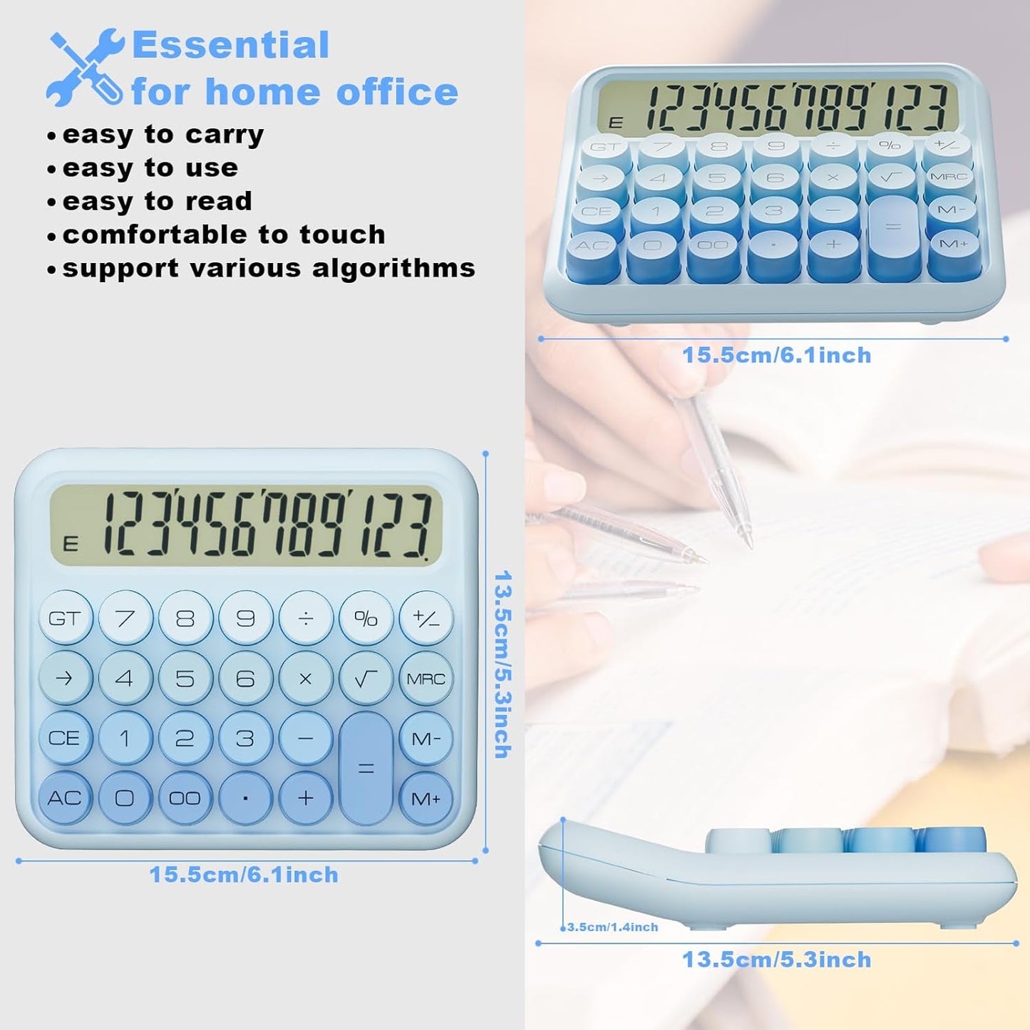 DECKLIT Battery Desk Calculator - 12 Digit Extra Large 5-Inch LCD Display, Big Buttons Easy to Press, 15 Tilt Screen (Ice Blue)