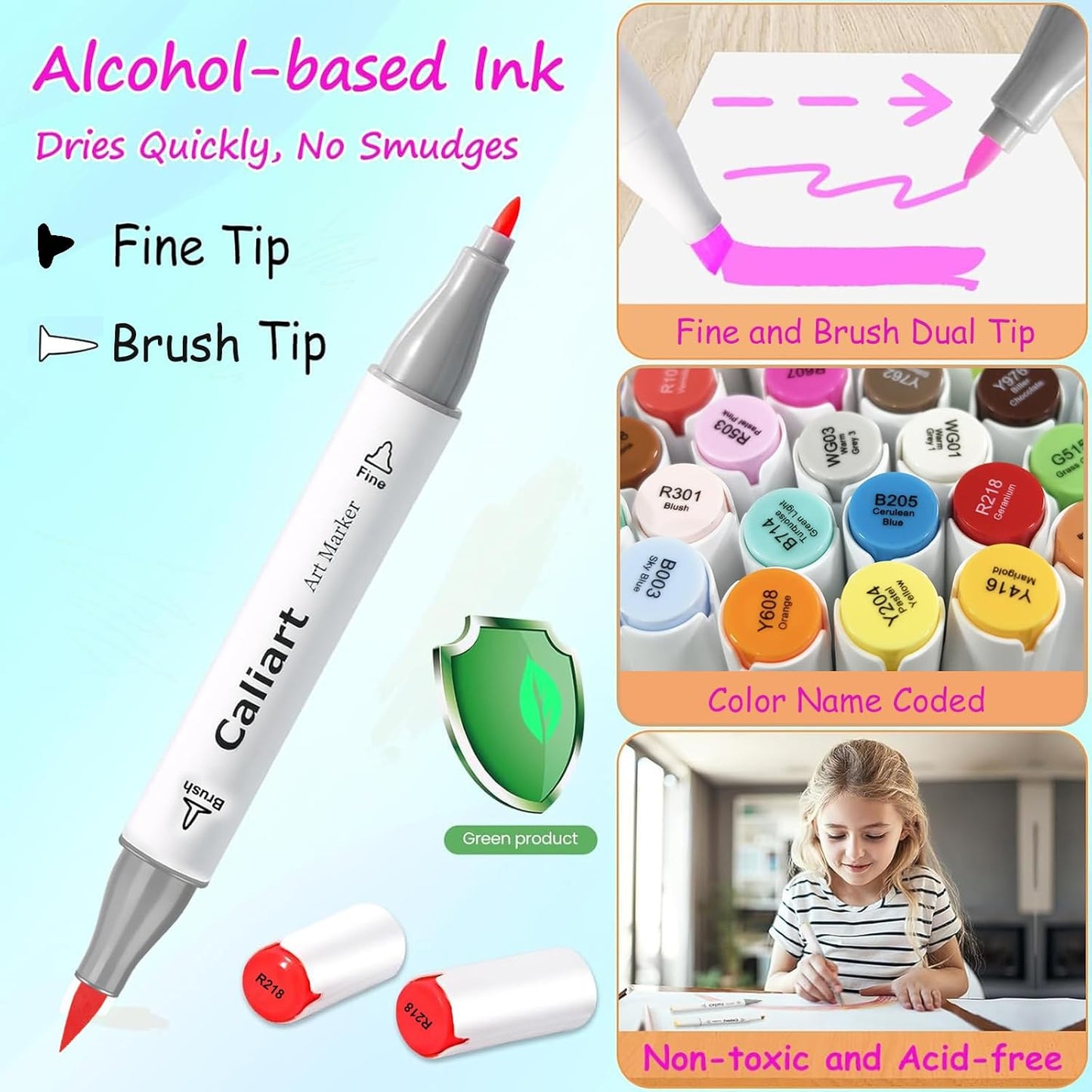 Caliart Art Markers, 41 Colors Alcohol Marker Pen Set Dual Tip Brush & Fine Permanent for Coloring Drawing Highlighters Anime Illustration Card Making Underlining Christmas Gifts