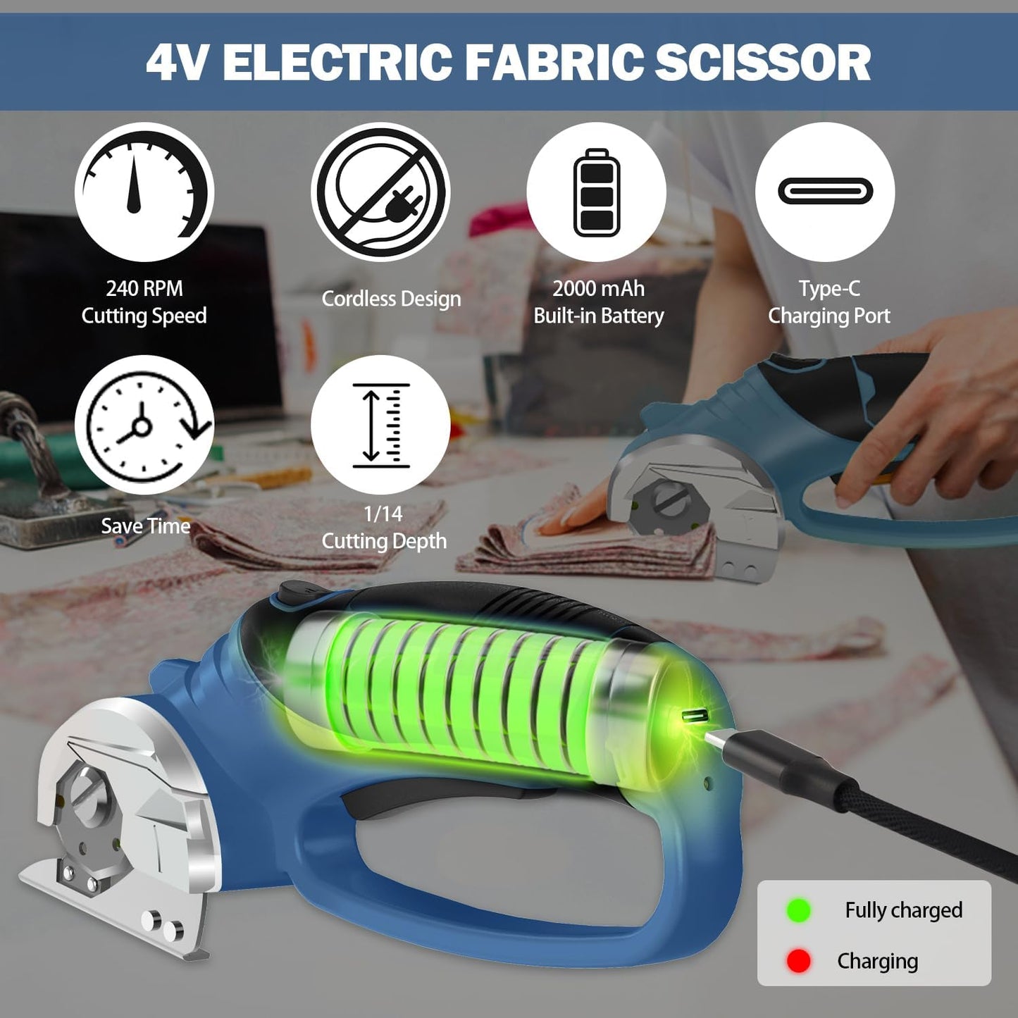 Cordless Electric Scissors, 4V Box Cutter & Cardboard Cutter with 2 Titanium Blades - Rotary Cutter with LED Light for Fabric, Leather, Carpet, Plastic, Crafting + Storage Case (Steel Blue)