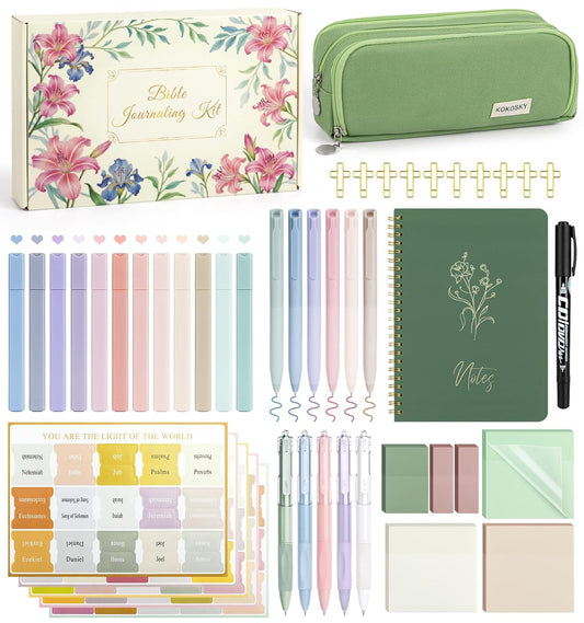 47Pcs Bible Study Supplies, Bible Journaling Kit for Women, Pencil Case, 12 Pastel No Bleed Highlighters and 6 Colored Pens, Bible Tabs and More, Bible Study Tools, Book Annotation Kit for Women & Men