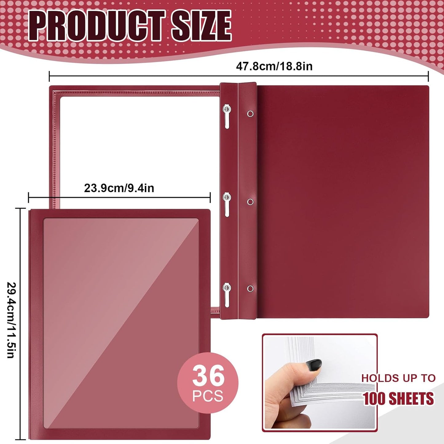 Teling 36 Pcs Report Covers with 3 Prong Fasteners Clear Front Presentation Folders Frame View Poly Report Folder Presentation Binder for Paper Document School Office (Red)
