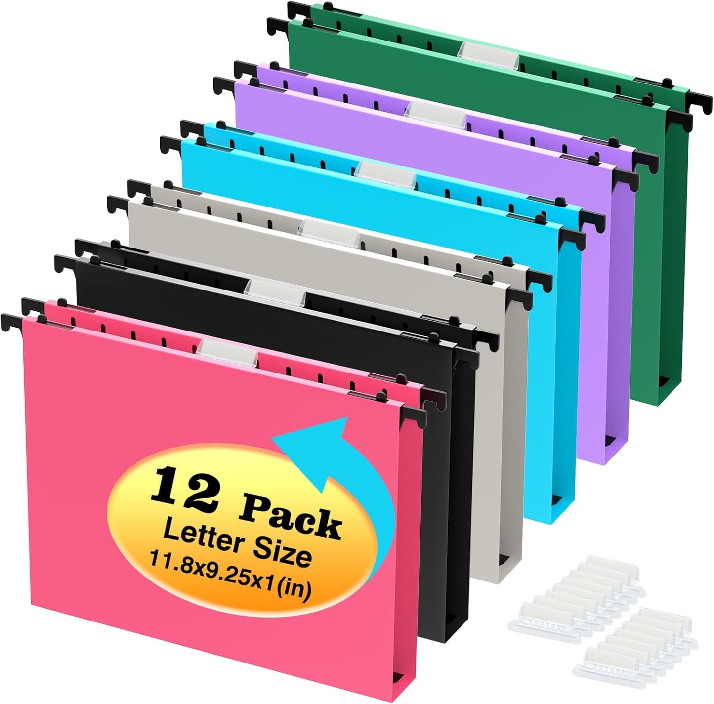 Extra Capacity Plastic Hanging File Folders,12 Pack Reinforced Hang Folder,Heavy Duty 1 Inch Expansion,Filing Cabinet Folders Letter Size for Bulk Files/Medical Charts (No Sealed, Assorted Colors)