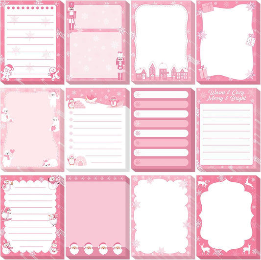 12 Pcs Christmas Sticky Notes Pink Christmas Notepad Santa Snowflake Snowman Self Adhesive Memo Pads Xmas Gift Cute Decorative Notepad Winter Party Favor for Office Winter Holiday Gift
