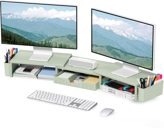 OPNICE Desk Organizers and Accessories, Dual Monitor Stand Riser with Drawer and 2 Pen Holders, Desk Shelf Metal Computer Monitor Stand for Office Workspace Organizers, Desktop Organization (Green)