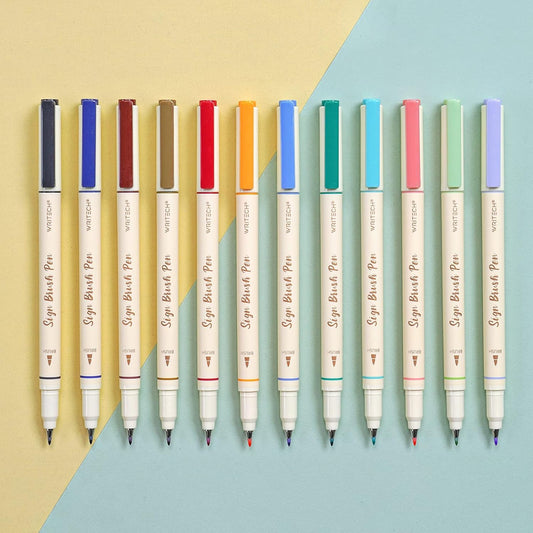 WRITECH Arts Sign Brush Pen Brush Tip Marker Felt Tip Water Based Ink Color Pens 12 Assorted Pastel Colors Great for Lettering, Journaling, Calligraphy (Natural)