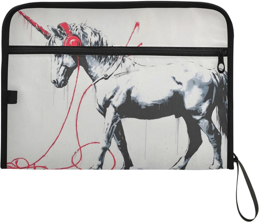 Horse Headphone Expandable Filing Folder, Funny & Cute Design with Sticky Labels, 13-Pocket A4 Letter Size Document Organizer for Office, Boys