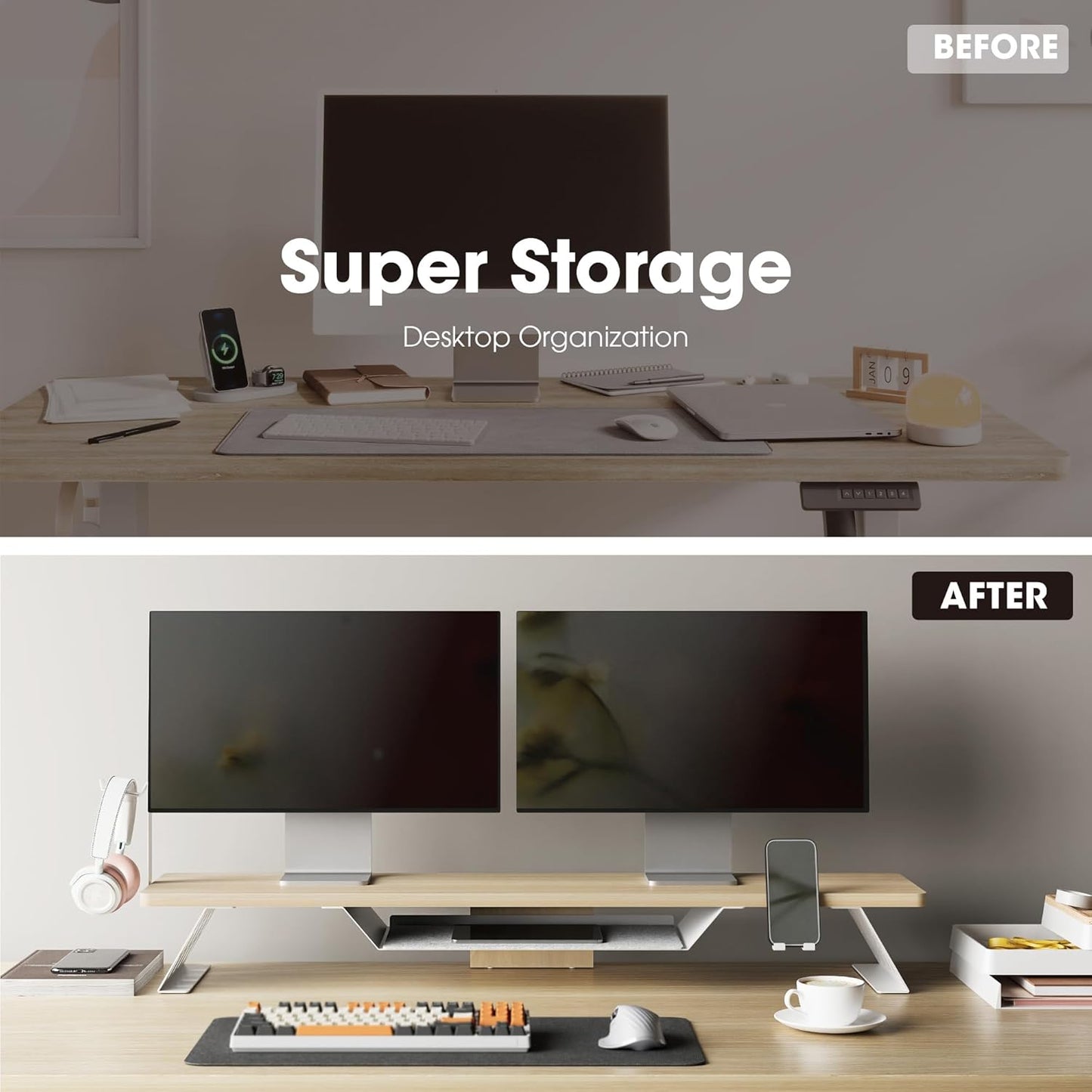 Fenge Dual Monitor Stand, 42.5 Inch Monitor Riser for Desk, Wood Desk Shelf for 2 Monitors, 2 Tier Monitor Shelf with Headphone Stand & Phone Holder