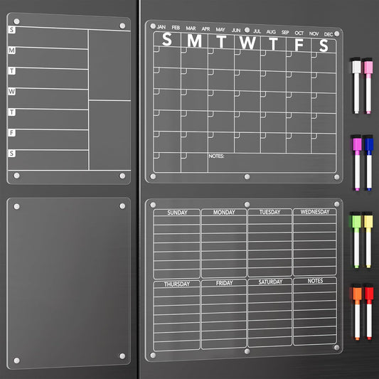 4Pcs Acrylic Magnetic Dry Erase Board Calendar for Fridge, Clear Monthly Weekly Daily Meal Menu Planner Whiteboard for Refrigerator, Notepad Memo White Board, w/ 8 Colors Markers, 15"x11"