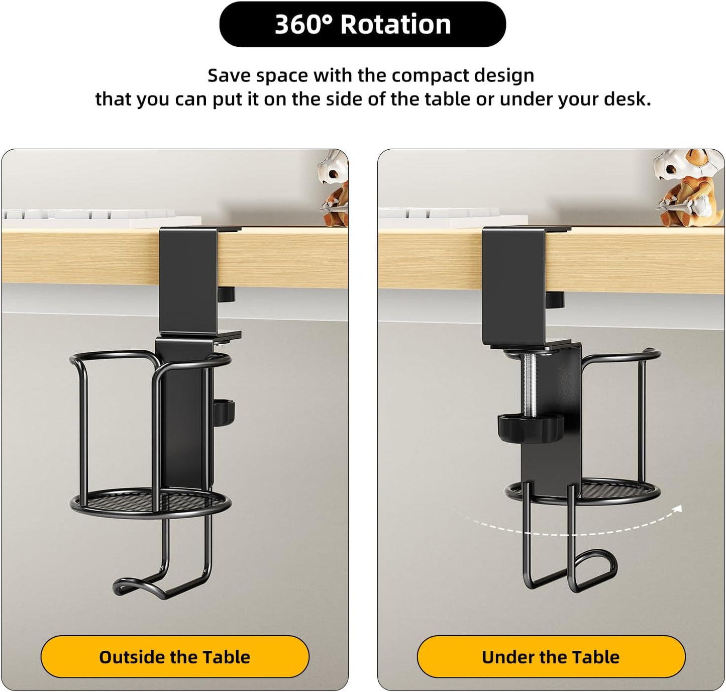 2 in 1 Desk Cup Holder with Headphone Hanger Holder, Anti-Spill Clip-On Table Cup Hook with 360° Rotation for Lawn Chair, Office Home Gaming Table (1 Pack)