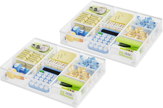 Marbrasse 2P Desk Drawer Organizer, Metal Mesh Drawer Organizer Tray with 5 Adjustable Compartments,Desk Organizers and Accessories for Home,Office,Kitchen,Makeup,Vanity (White)