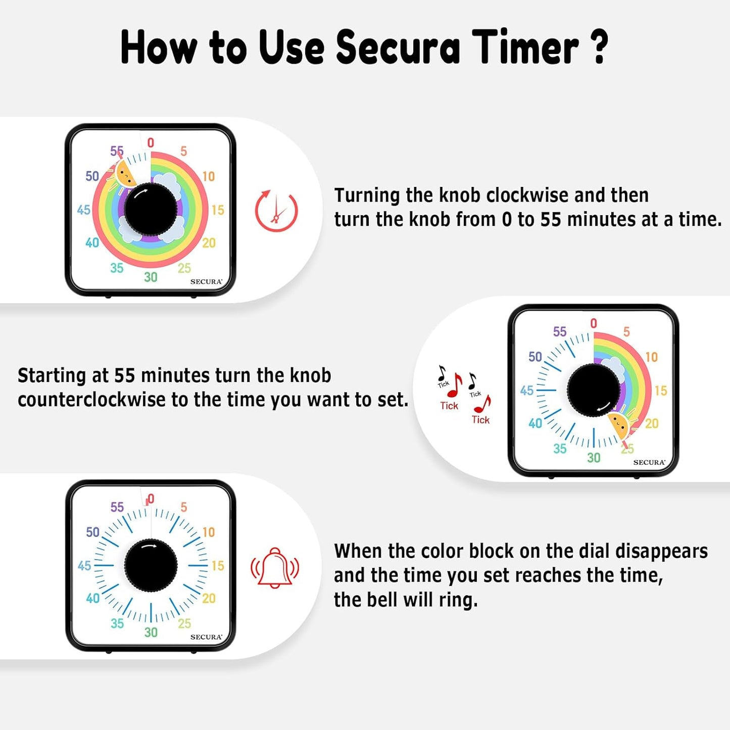 Secura 60-Minute Visual Timer, 7.5 Inch Magnetic Rainbow Countdown Timer for Classroom or Kitchen, Durable Mechanical Timer Clock with Magnetic Backing (Black & Sun)