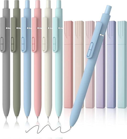 JIMMIDDA- 12 Pack Gel Pens, 0.7mm Black Ink Fine Point Smooth Writing with Aesthetic Highlighters, Quick-dry Long-lasting Pens Set for Journaling School Office Supplies(6 Pens + 6 Highlighters)