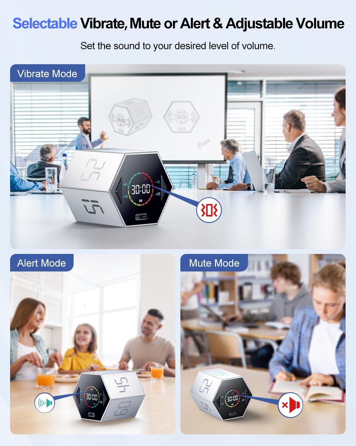 Ticktime Pomodoro Timer, Productivity Timer Cube, 5/15/25/30/45/60 Min Presets, Custom Countdown & Stopwatch 1s–99m59s, Sound/Vibration/Silent, Magnetic, Rechargeable, for ADHD Study Work, Silver