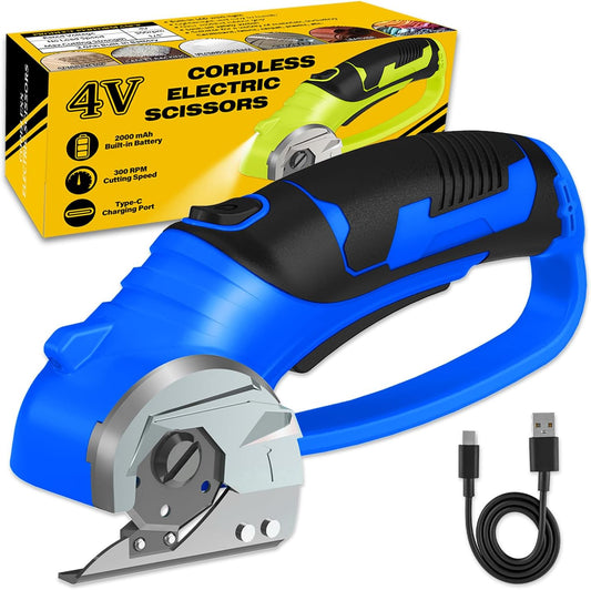 Cordless Electric Scissors, 4V Box Cutter & Cardboard Cutter with Upgrade Blade, LED Light, Safety Lock - Rechargeable Rotary Cutter for Fabric, Leather, Plastic, Sewing, Industrial (Royal Blue)