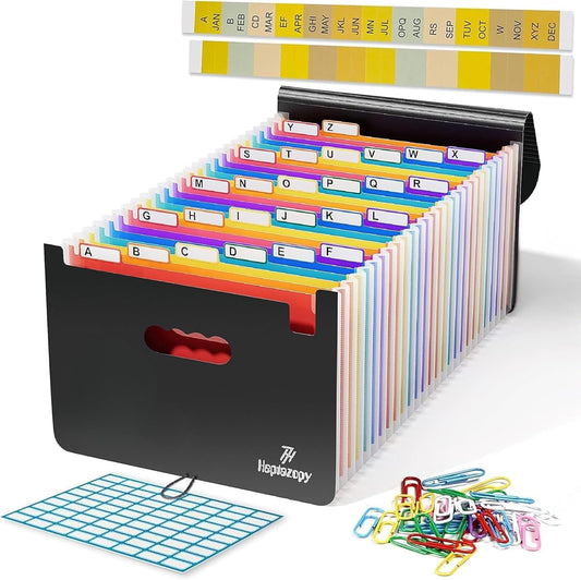 Plastic Accordion File Organizer, 26 Pockets Expandable File Folder Organizer, A4 Letter Size Filing Organizer with Colorful Tabs, Elastic Cord, 60 Paper Clip, Label & Stickers for Office School Home