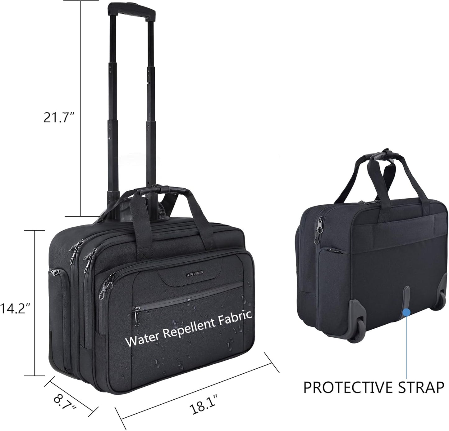 KROSER Rolling Laptop Bag Premium Wheeled Briefcase Fits Up to 17.3 Inch Laptop Overnight Roller Case Computer Bag with RFID Pockets for Travel/Business/Men/Women-Black