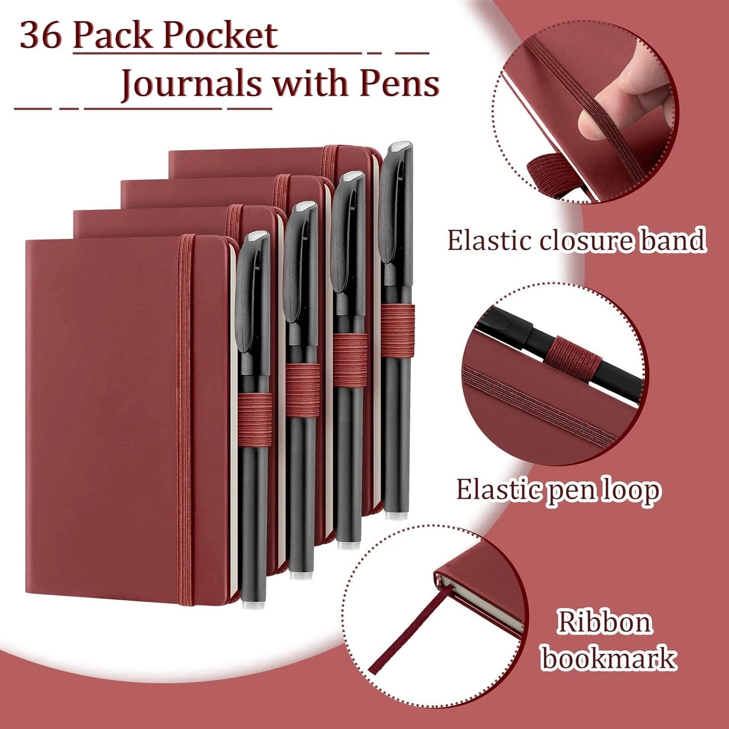 Laumoi 36 Sets Pocket Notebook Journals with Pens A6 Cute Small Journal Notebook Ruled Lined Mini Notepad Hardcover Executive Notebooks Set with Pen Holder for School Office, 3.7 x 5.7 Inch(Burgundy)