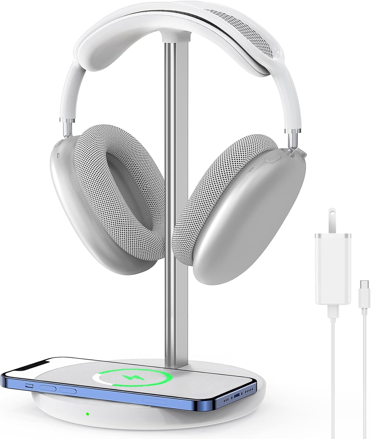 Headphone Stand with Wireless Charger, Gaming Headset Holder Hanger Rack 2 in 1 Wireless Charging Station Dock for iPhone 15/14/13/12/11 Series, AirPods Pro/3/2 and Desk All Headphones, White