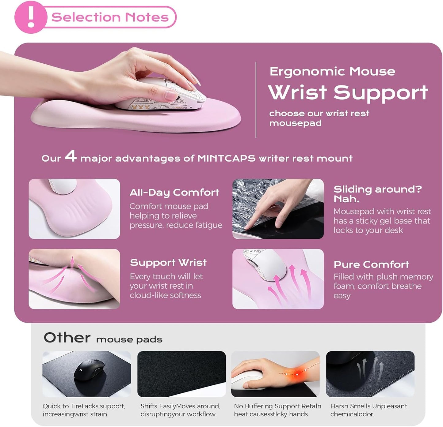 Ergonomic Mousepad with Wrist Rest Pink, Wrist Rest for Mouse Pad, Memory Foam with Massage Design, Non-Slip PU Base for Office and Home