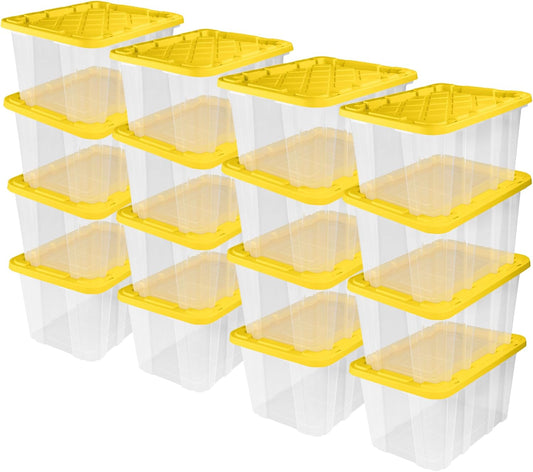 Sterilite 16-Pack Industrial Storage Box, Clear Plastic Organizer Bins with Handles, 27 Gallon, Yellow - Stackable Container Boxes for Bedroom, Bathroom, Garage, and Office Organization