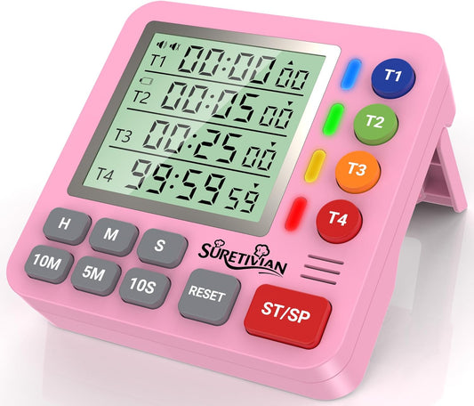 Digital Kitchen Timer for Cooking - 4 Channel Count Up Countdown Timer with Loud Alarm and Silent Mode, Large Display, Magnetic Back, Auto Memory for Classroom Study Gym, Battery Included (Pink)