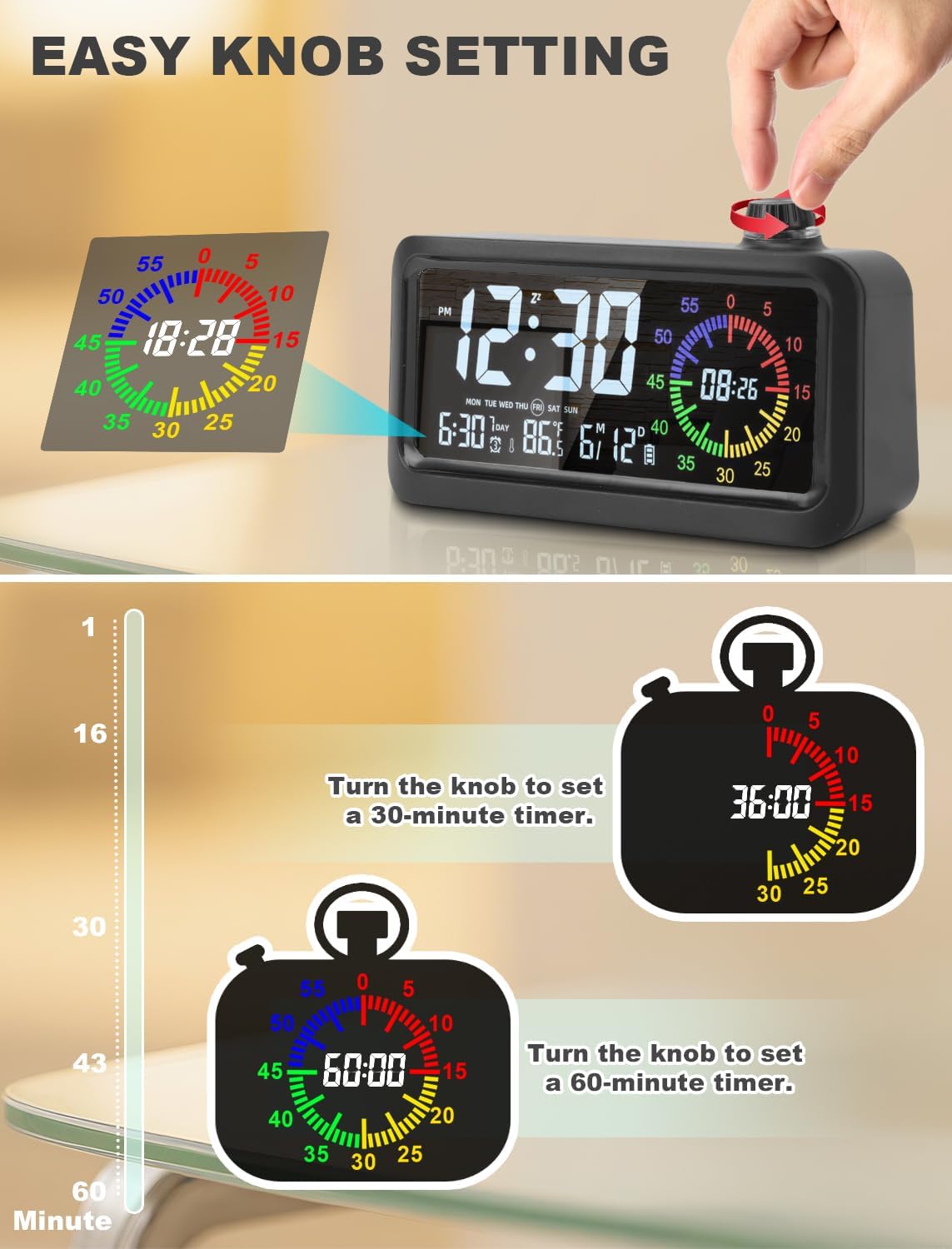 CCHKFEI Rechargeable Digital Alarm Clock with 60-Minute Timer, Dual LCD Display Digital Clock Visual Timer for Kids Student,Temperature & Date Ideal for Time Management, Bedroom, Office and Home Use