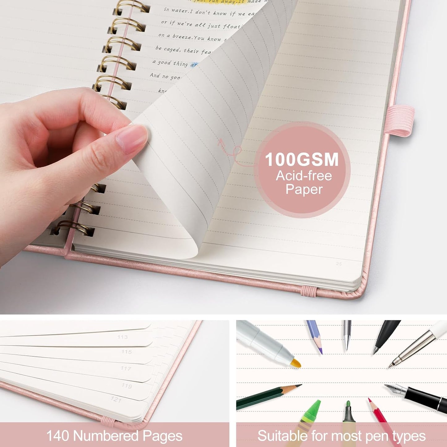 AHGXG Lined Spiral Notebook Journal for Women, Hardcover Leather Notebook College Ruled 140 Pages, A5 5.7" x 8.3", 100 GSM Thick Paper, Notebooks for School Work, Journals for Writing, Rose Gold