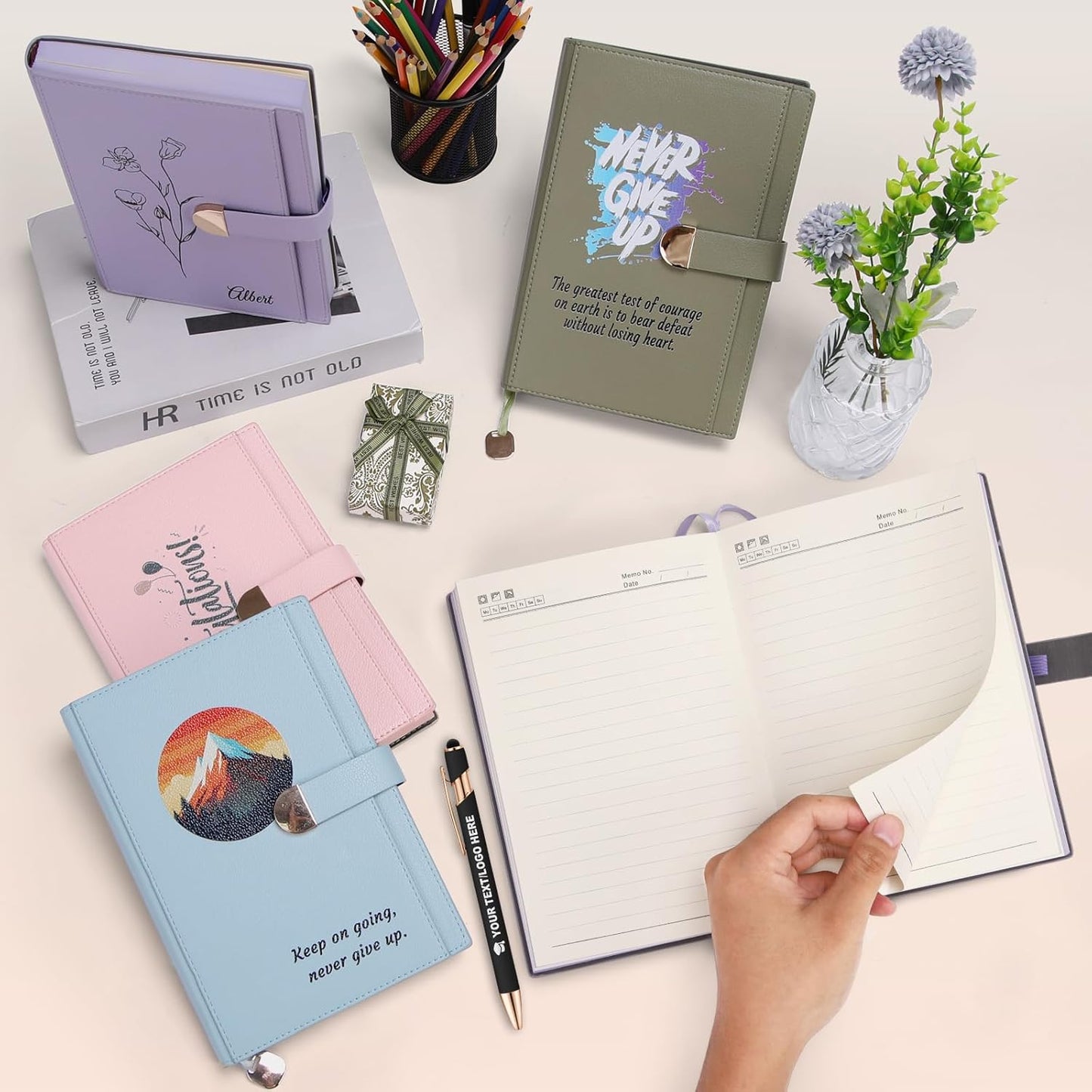 ENOMY Personalized A5 Notebook &10 PC Pens Set Custom Notebook 300 Pages Personalized Journal with Storage Pocket for Writing College Office Business Gift, Pink