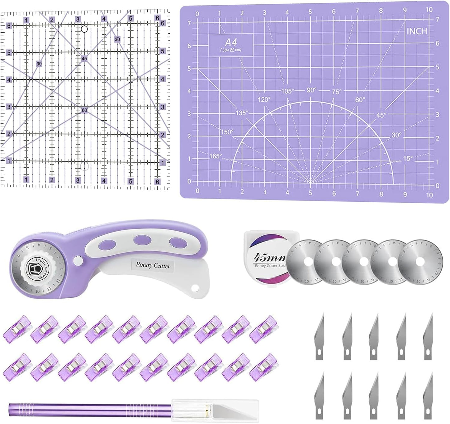 Headley Tools 39 Pcs Rotary Cutter Set - Quilting Kit incl. 45mm Fabric Cutter with 5 Extra Blades, A4 Cutting Mat, 2 Craft Knife Set, Sewing Clips, Ideal for Crafting, Sewing, Patchworking Purple
