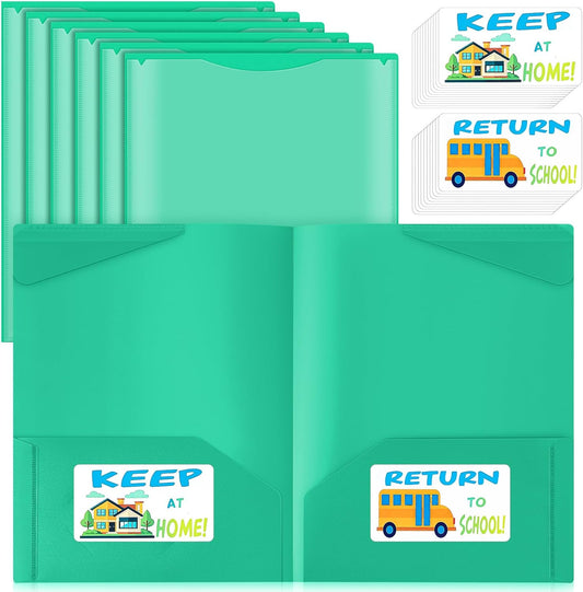 Henoyso 24 Set Parent Teacher Communication Folder with Clear Front Pocket Take Home Heavy Duty 2 Pocket Homework Folder for Student with School and Home Stickers, 12 x 9.45 Inch (Green)
