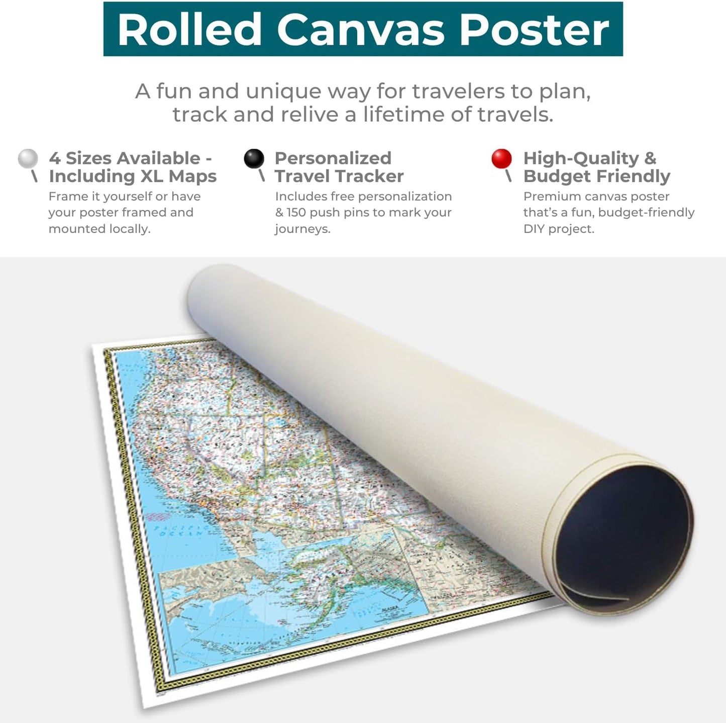 Personalized Canvas Rolled Poster USA Map Wall Art with Pins – Large 24" x 36" Classic Map of the USA – Push Pin Travel Decor for Home or Office