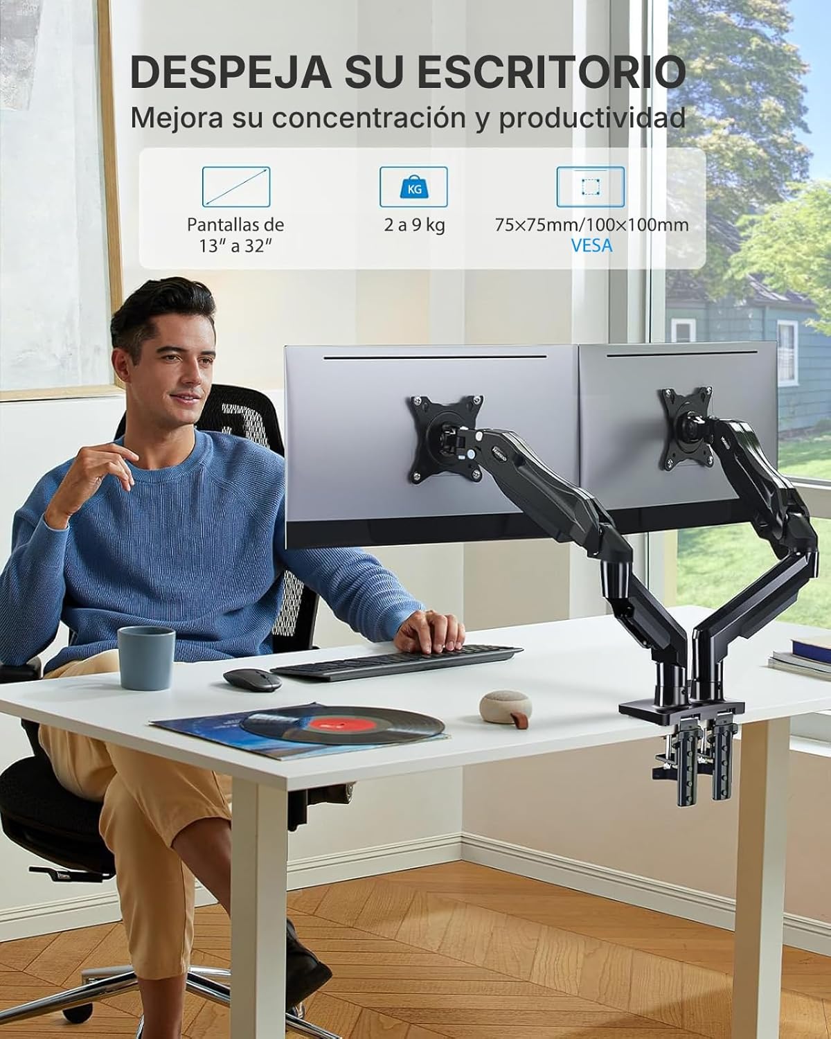 HUANUO Dual Monitor Stand, Fully Adjustable Monitor Desk Mount for 13–32″ Computer Screens, Full Motion VESA 75x75/100x100 with C-Clamp & Grommet Base, Each Arm Holds 4.4 to 19.8 lbs