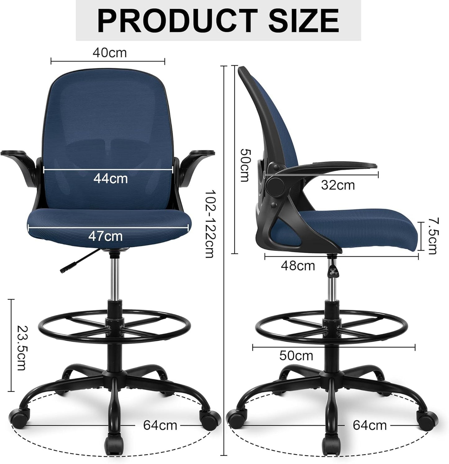 Primy Drafting Chair Tall Office Chair with Flip-up Armrests Executive Ergonomic Computer Standing Desk Chair with Lumbar Support and Adjustable Footrest Ring (Navy)