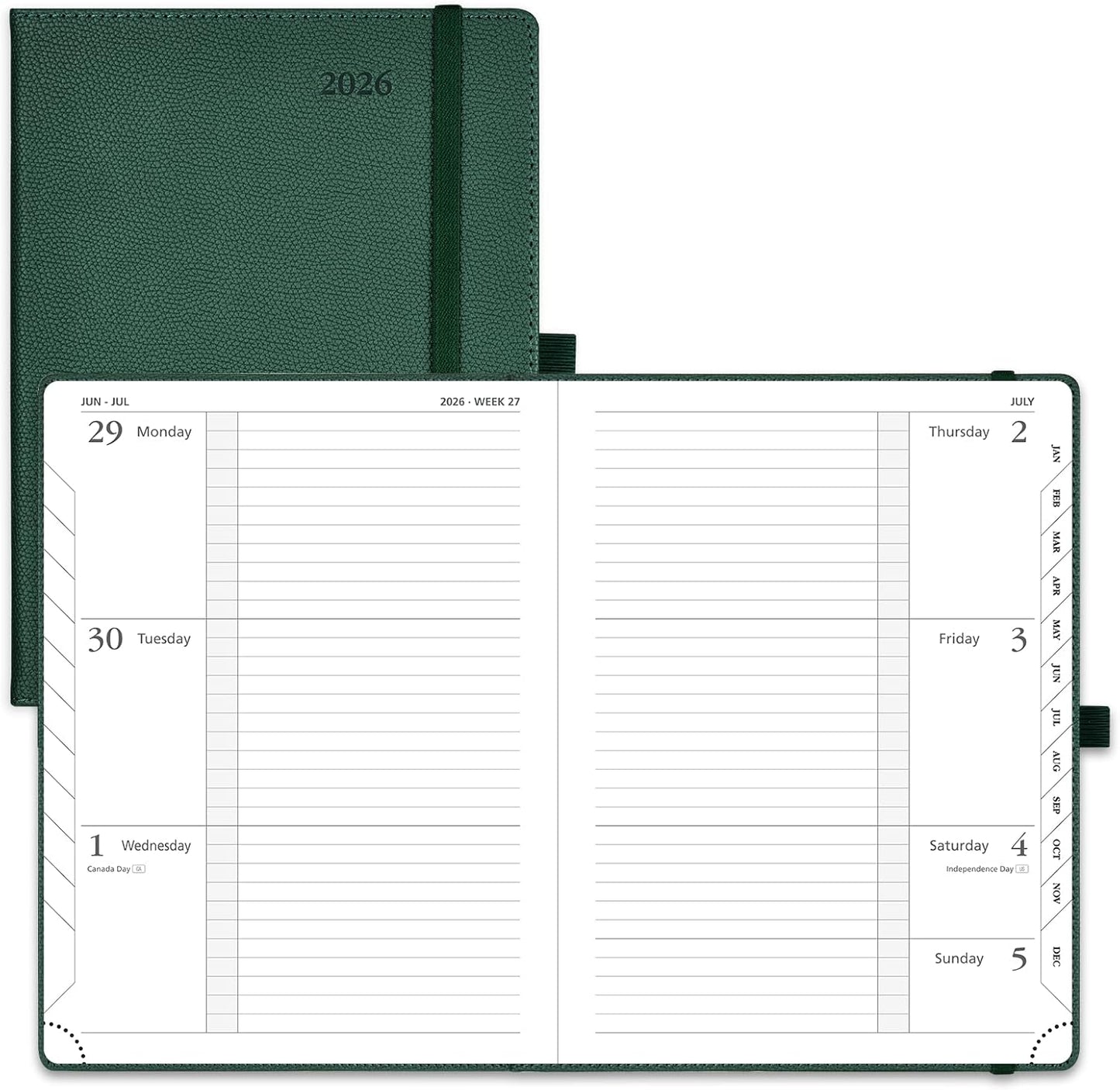POPRUN 2026 Weekly & Monthly Planner Calendar, 6.75" x 8.75" Medium, Horizontal Layout with Lined Sections, Jan. 2026 - Dec. 2026, Leather Hardcover, 100GSM Paper, Inner Pocket - Army Green