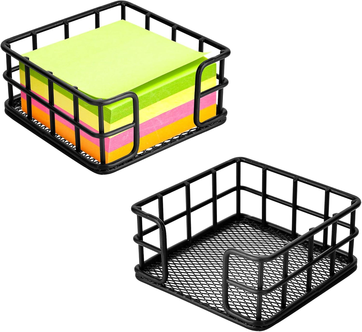 2 Pack Metal Sticky Note Holder, Modern Minimalist Black Wire Memo Note Cube Holder Dispenser Desk Organizer with Mesh Bottom for Home School Office