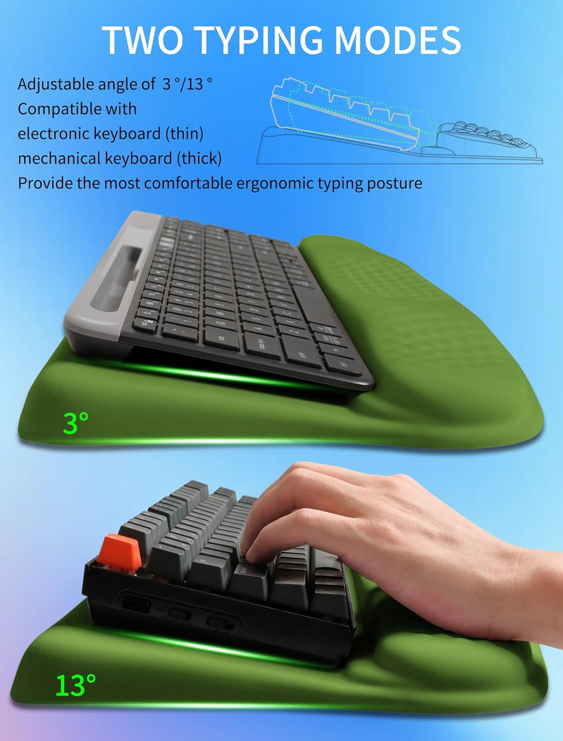 Ergonomic Wave Wrist Rest with Keyboard Stand, Cushioned Palm Rest, Comfortable Integrated Memory Foam for Natural Typing and Relieve Wrist Pain, Fresh Green