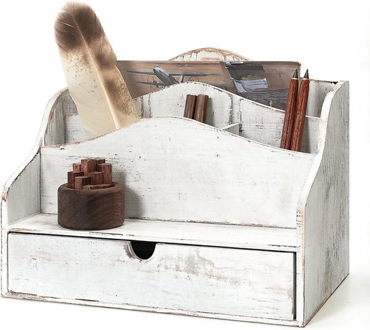 Pine Wooden Mail Organizer for Desk - Retro Farmhouse Mail Holder Countertop with Drawer & Dividers - 4-Slot Letter Holder for File & Office Accessories - Office Organizer for Home Decor (Whitewash)