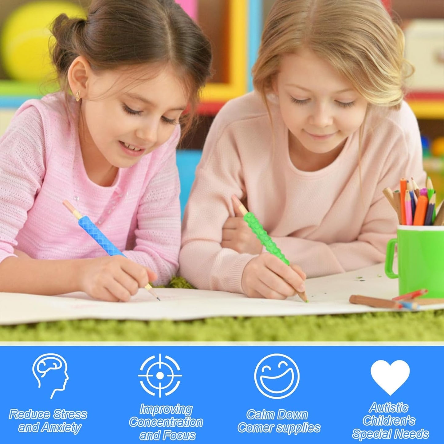 4 Pack Textured Fidget Pencil Grips with 4 Pencil, Silicone Sensory Fidget Toys for Adults Autism Calming, ADHD Tool, Anxiety Relief, Quiet Classroom, Quite Tool Gifts for Adults & Teens