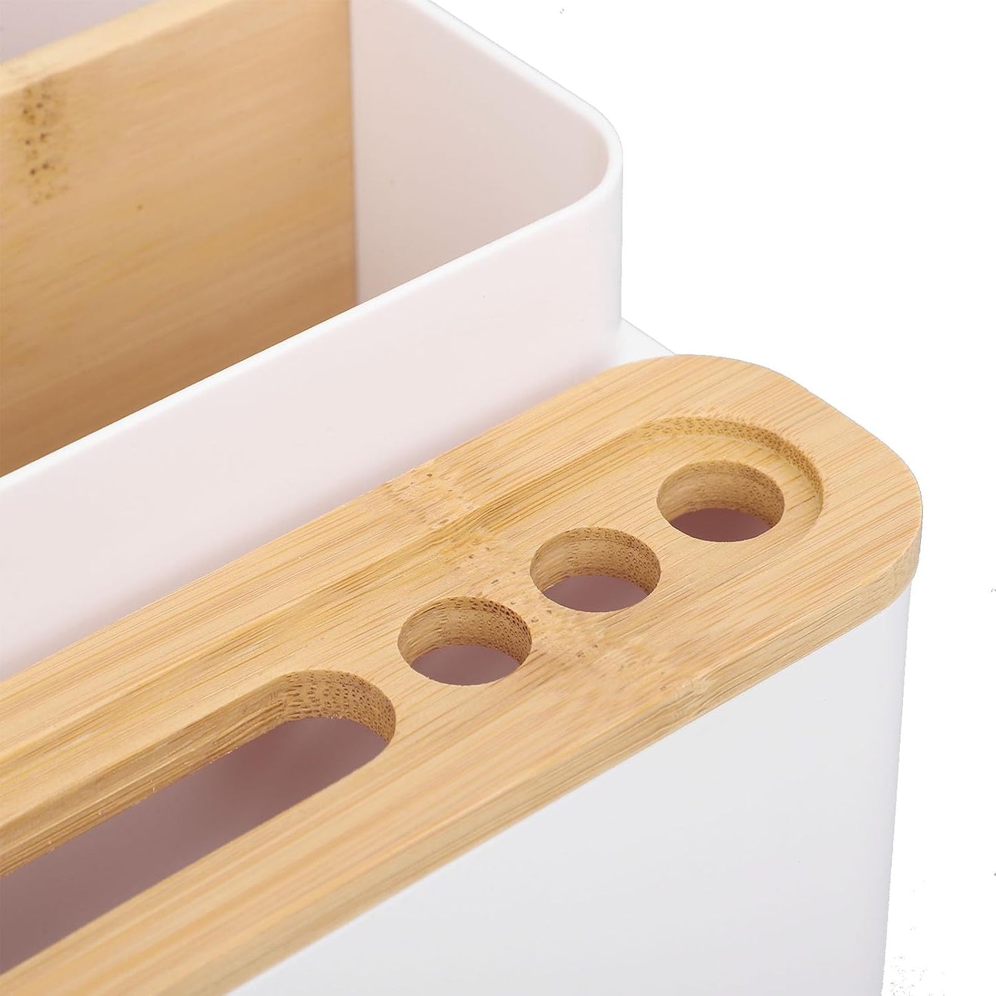 Eujgoov Multi Compartment Desk Organizer Bamboo and PS Storage Caddy for Pens and Electronics for Home Office and Classroom